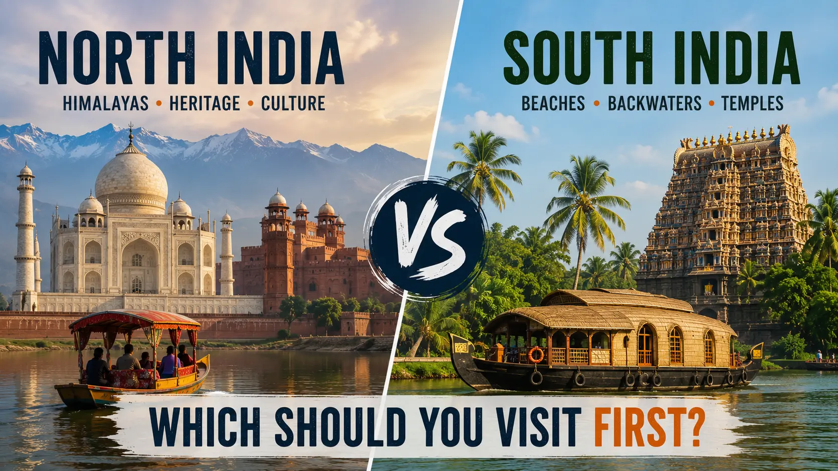 North India vs South India: Which should you visit first? Travel guide featuring the Taj Mahal, Himalayan landscapes, Kerala backwaters, temples, and cultural attractions across India.