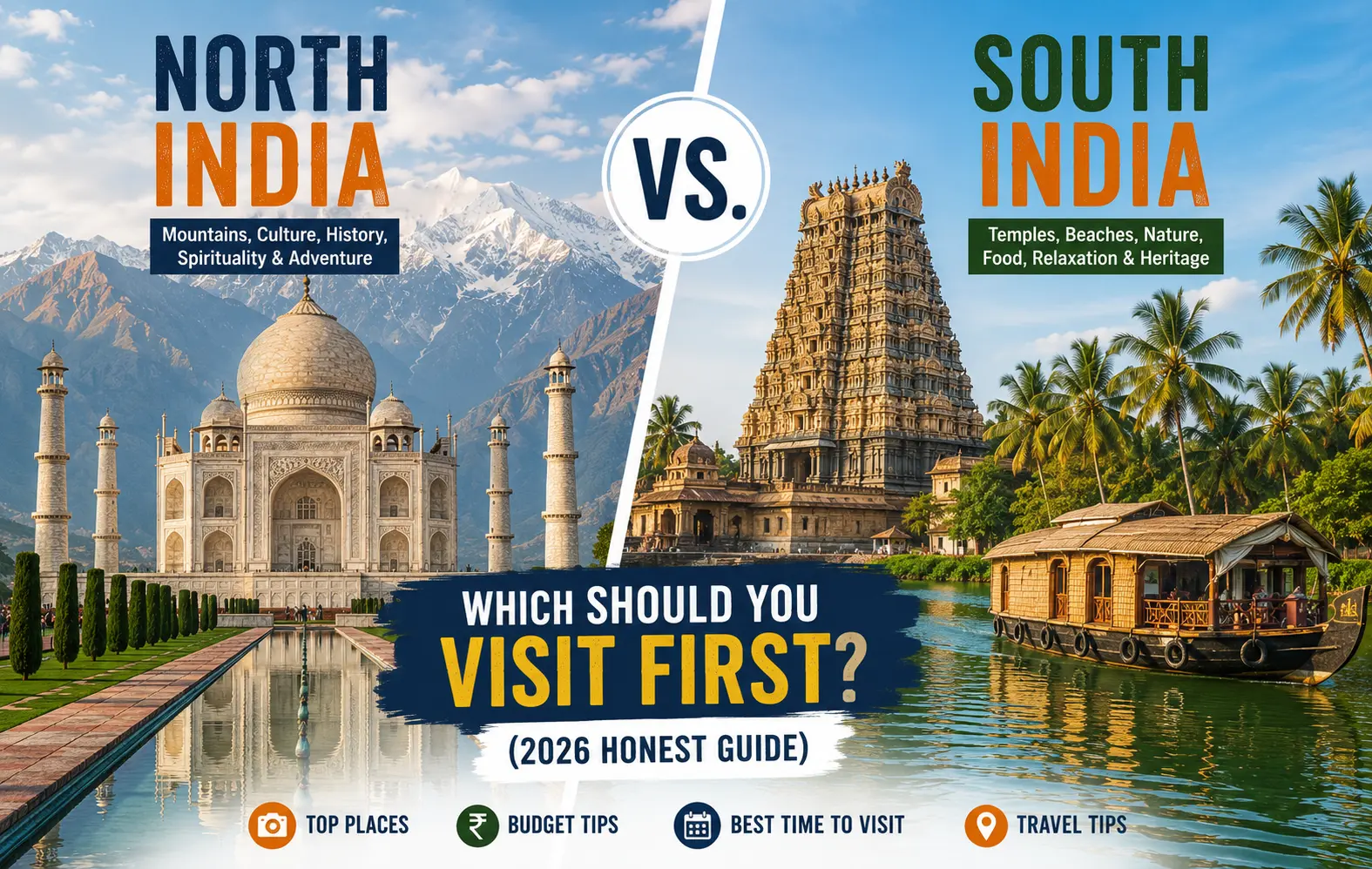 North India vs South India 2026 travel guide with iconic landmarks, temples, mountains, and backwaters.
