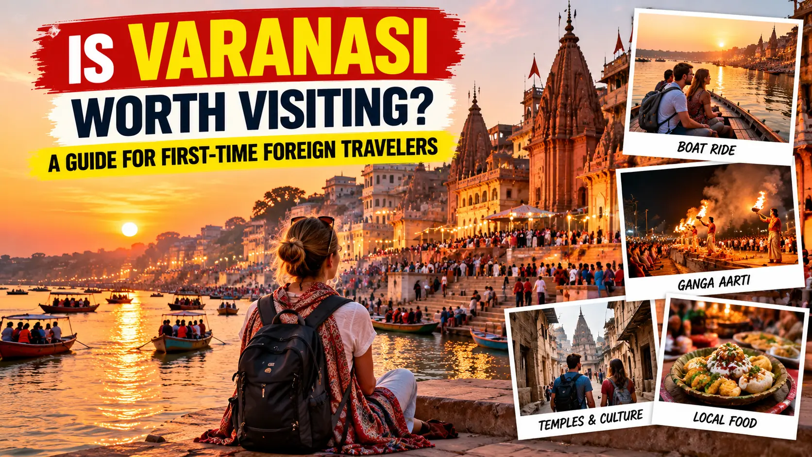 Is Varanasi worth visiting? Travel guide for first-time foreign travelers featuring the Ganges River, Varanasi ghats at sunset, Ganga Aarti, boat rides, temples, and authentic Indian street food.